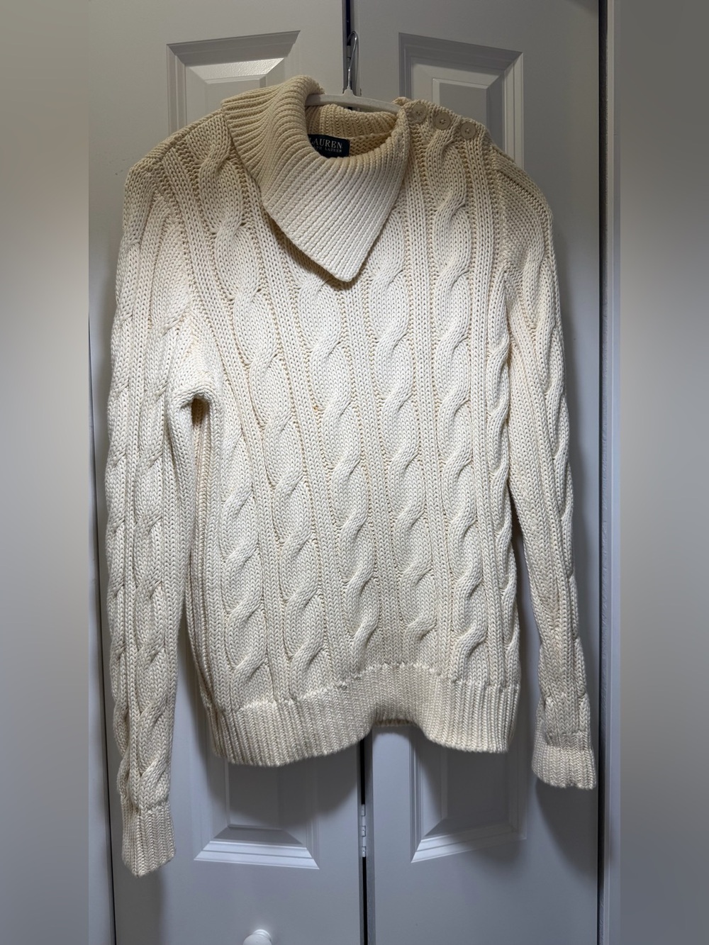 Lauren Ralph Lauren Cream Cable Knit Shawl Collar Pullover Sweater Womens Large